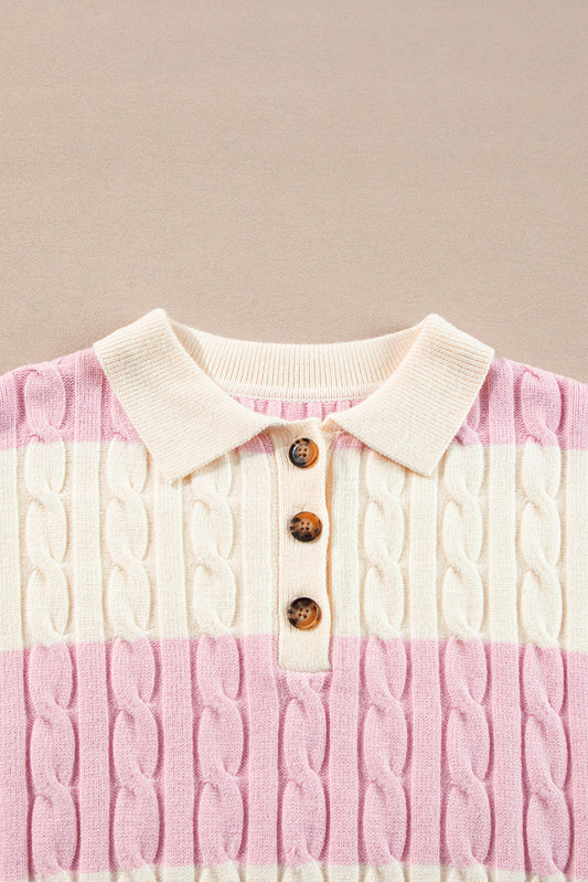 Pink Stripe Cable Knit Collared Henley Sweater Sweaters JT's Designer Fashion
