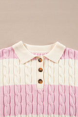 Pink Stripe Cable Knit Collared Henley Sweater Sweaters JT's Designer Fashion