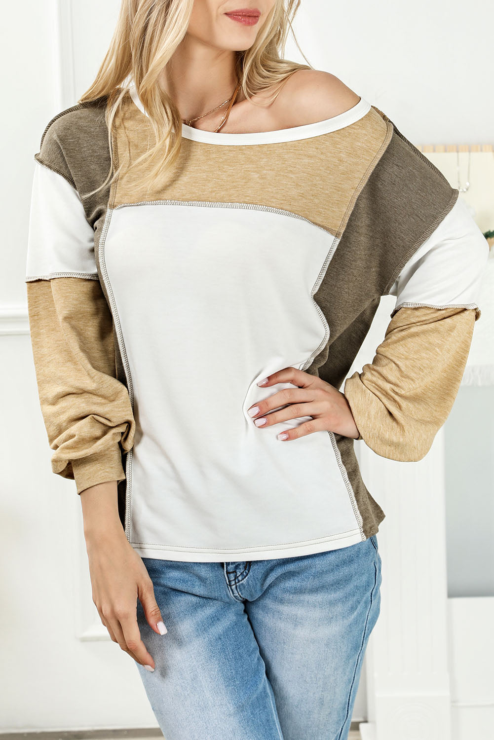Khaki Exposed Seam Color Block Patchwork Top Long Sleeve Tops JT's Designer Fashion