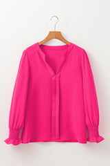 Rose Red Solid Color Shirred Cuff Notch V Neck Blouse Blouses & Shirts JT's Designer Fashion