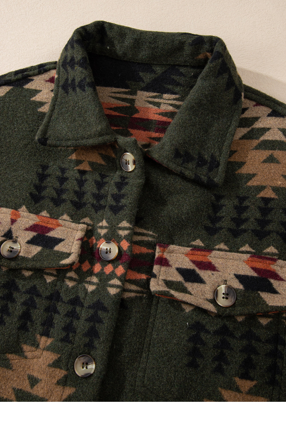 Green Aztec Print Flap Pockets Long Sleeve Shacket Jackets JT's Designer Fashion