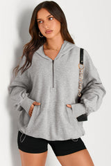 Light Grey Solid Kangaroo Pocket Half Zipper Oversized Hoodie Sweatshirts & Hoodies JT's Designer Fashion