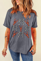 Gray Checkered Bow Crawfish Printed Summer Tee Graphic Tees JT's Designer Fashion