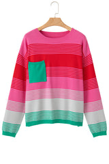 Rose Striped Knit Patch Pocket Drop Shoulder Sweater Sweaters JT's Designer Fashion