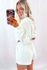 Light Grey Girly Bow Embroidered Detail Puff Sleeve Pullover 2pcs Short Set Short Sets JT's Designer Fashion