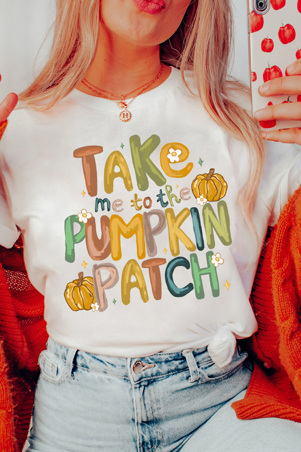 White Take Me To The Pumpkin Patch Cotton Blend T Shirt Graphic Tees JT's Designer Fashion