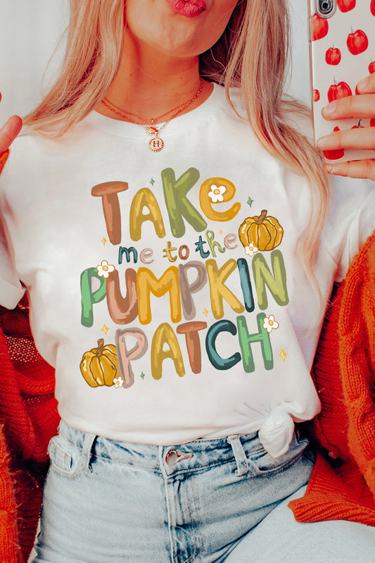 White Take Me To The Pumpkin Patch Cotton Blend T Shirt Graphic Tees JT's Designer Fashion