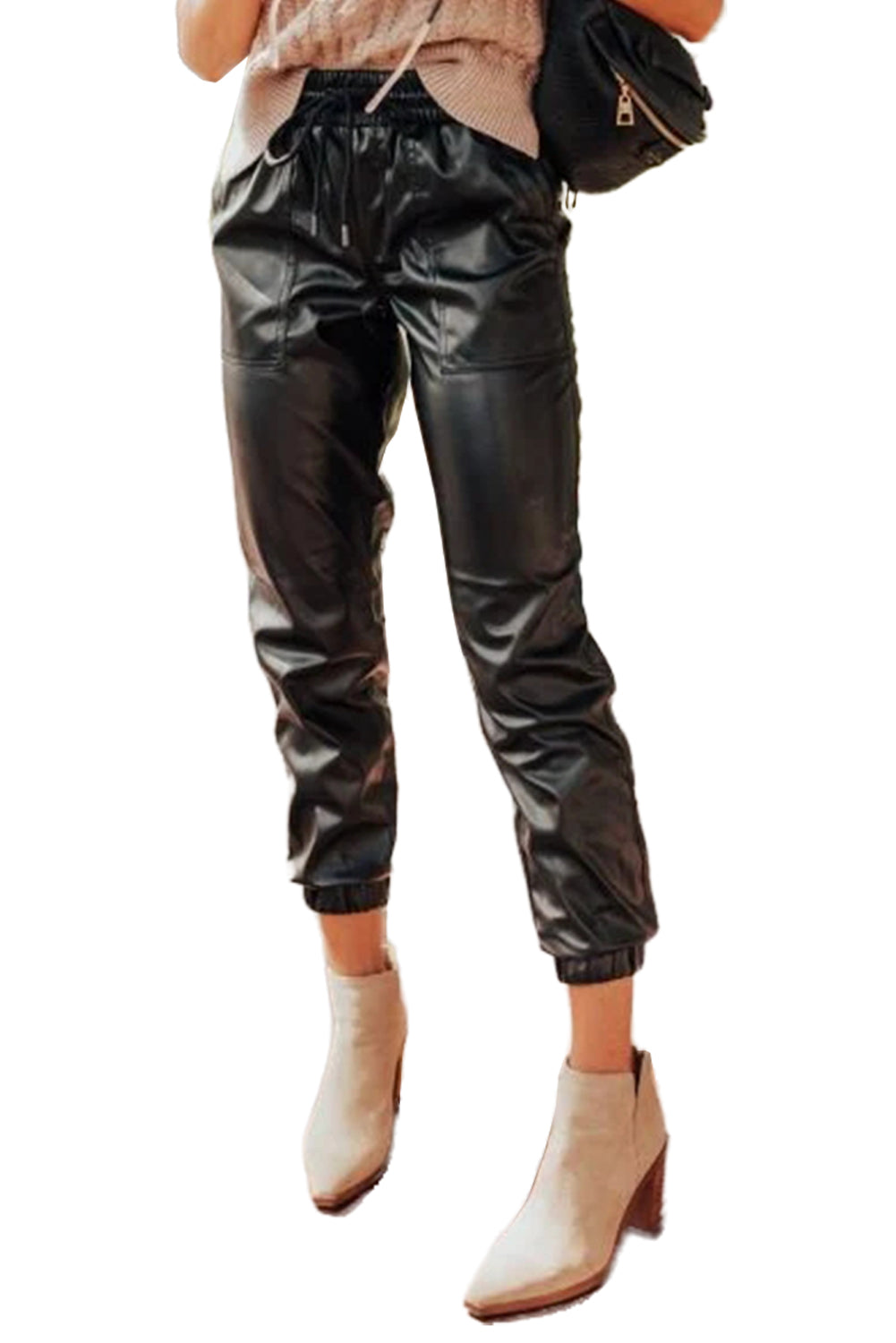 Black Faux Leather Ankle Smocked Waist Drawstring Joggers Pants & Culotte JT's Designer Fashion