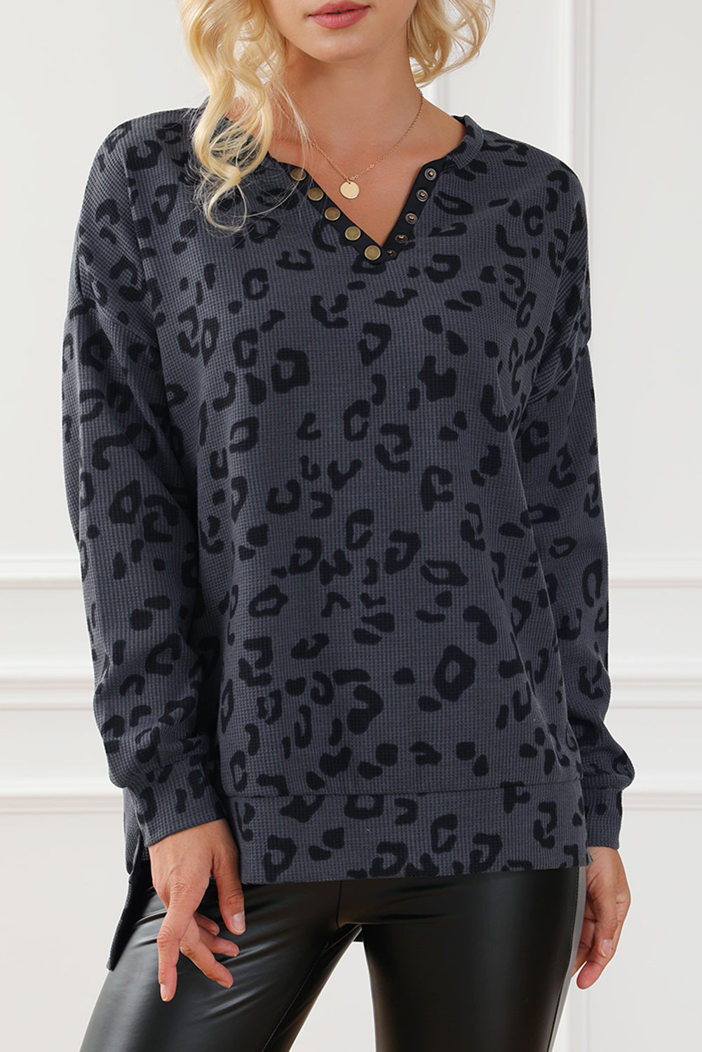 Gray Leopard Print Button Split Neck Waffle Sweatshirt Sweatshirts & Hoodies JT's Designer Fashion