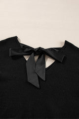 Black Lantern Sleeve V Neck Knot Back Sweater Sweaters JT's Designer Fashion