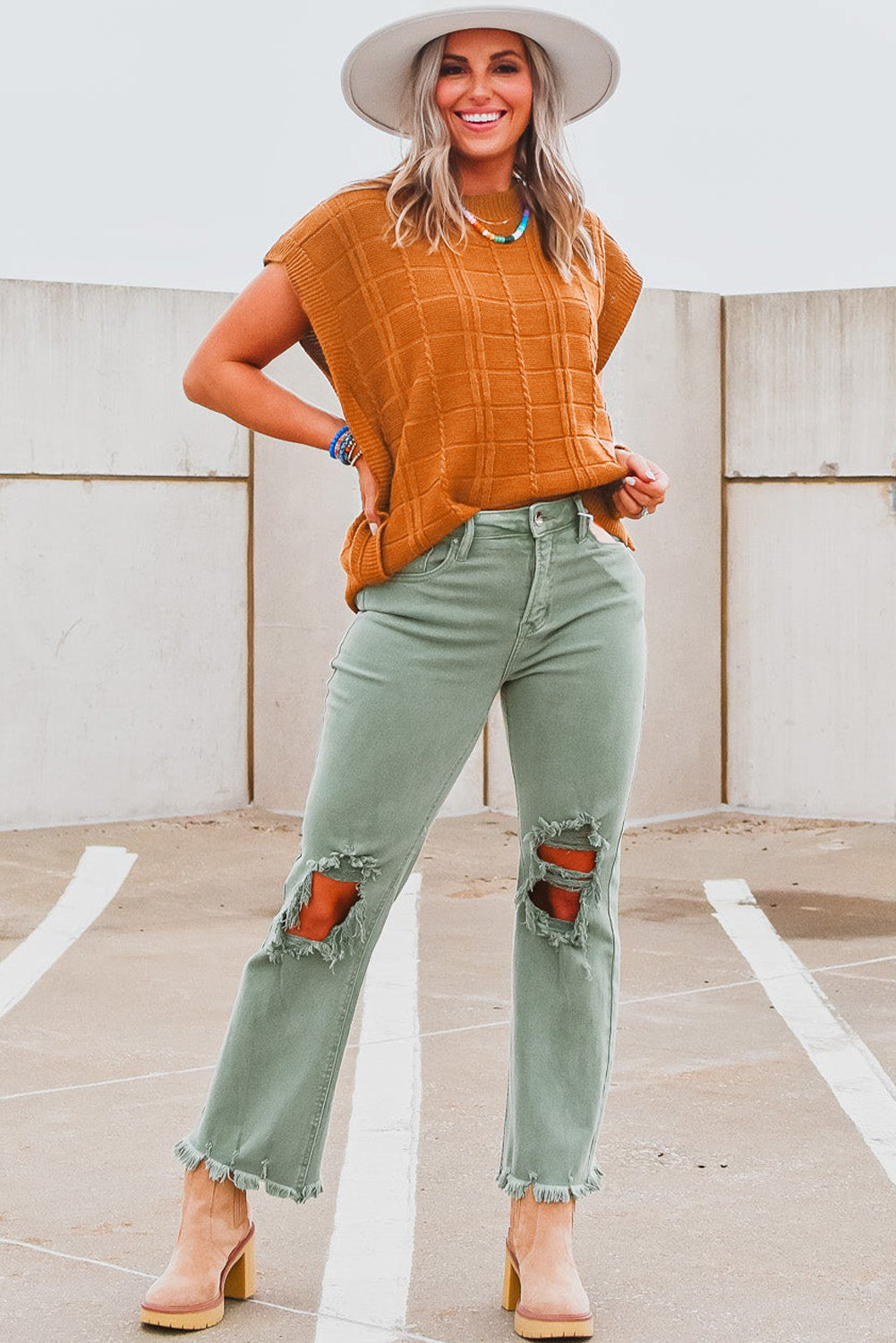Chestnut Grid Textured Short Sleeve Sweater Sweaters & Cardigans JT's Designer Fashion