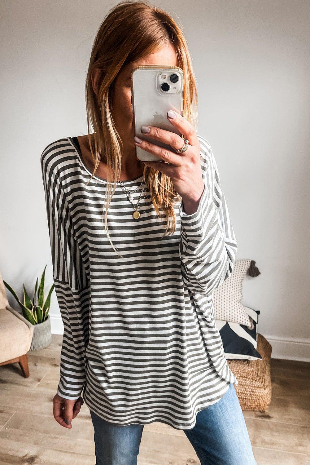 Gray Stripe Drop Sleeve Round Neck Oversized Long Sleeve Top Long Sleeve Tops JT's Designer Fashion