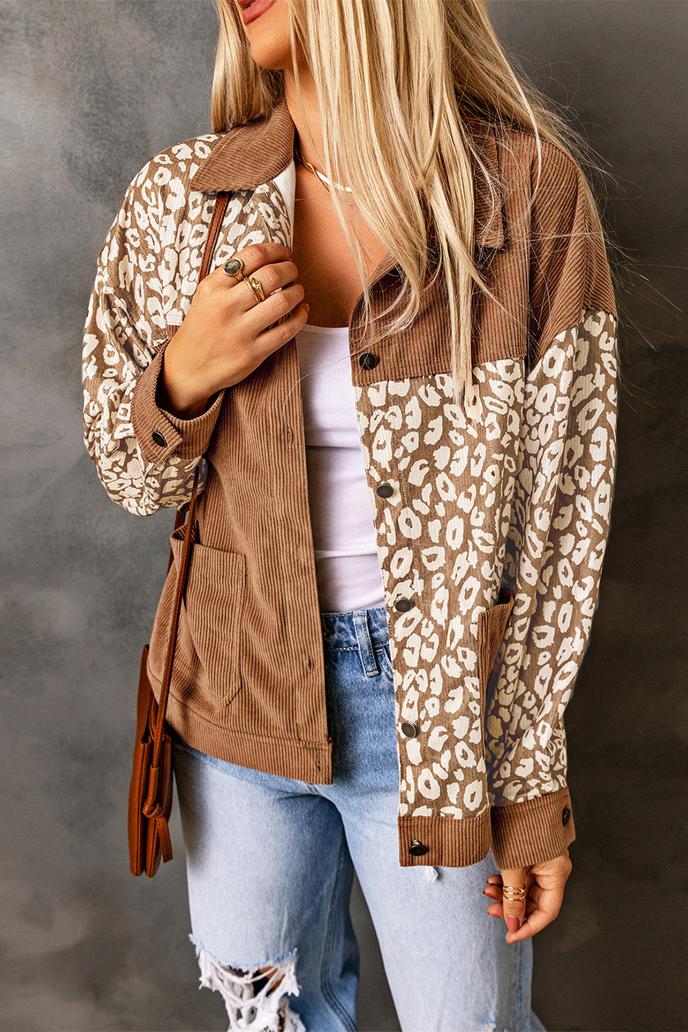 Brown Leopard Print Corduroy Long Sleeve Jacket Jackets JT's Designer Fashion