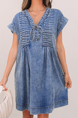 Beau Blue Tie V Neck Tucking Detail Short Sleeve Denim Shift Dress Mini Dresses JT's Designer Fashion