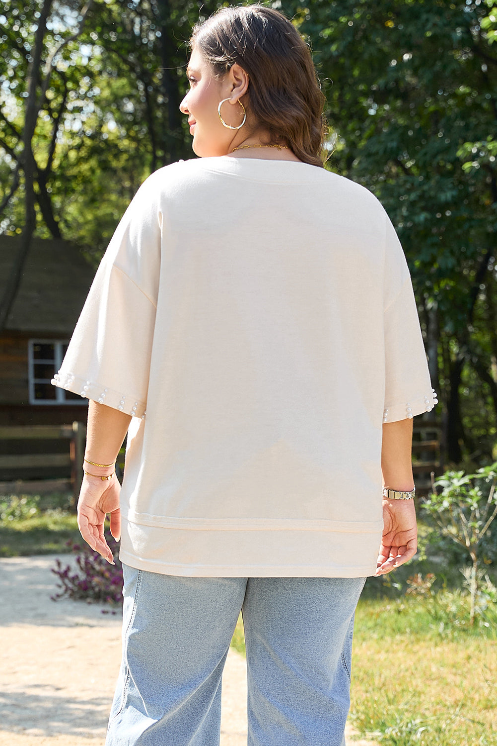 Beige Pearl Decor Crew Neck Half Sleeve Plus Size T Shirt Plus Size Tops & Tees JT's Designer Fashion