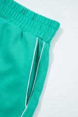 Dark Green Colorblock Trim V Neck Pullover Top and Shorts Set Short Sets JT's Designer Fashion