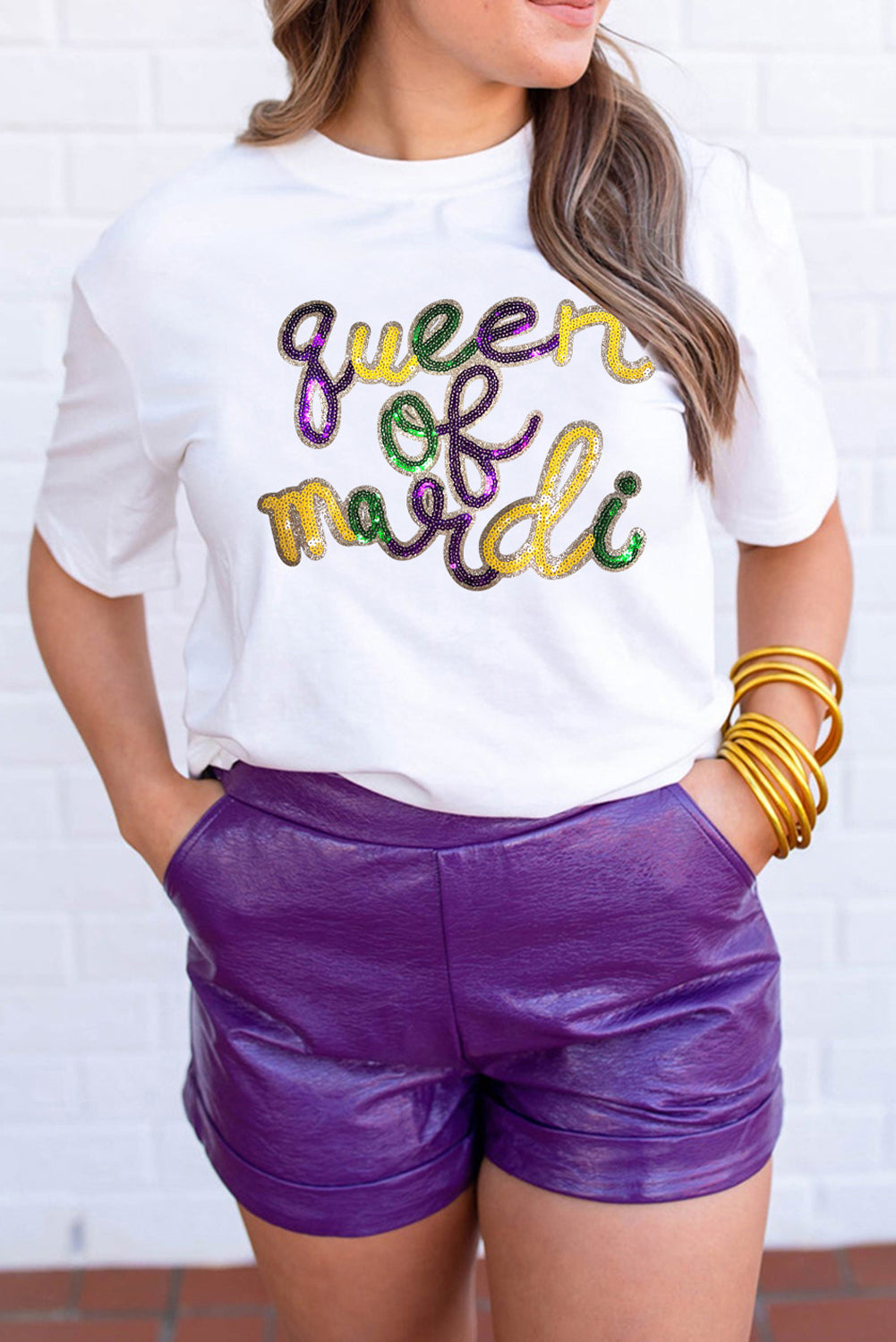 White queen of mardi Sequin Letter Graphic T Shirt Graphic Tees JT's Designer Fashion