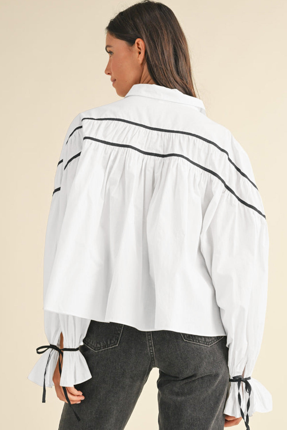 White Black Pipping Ribbon Bowtie Collared Ruffled Puff Sleeve Shirt Blouses & Shirts JT's Designer Fashion