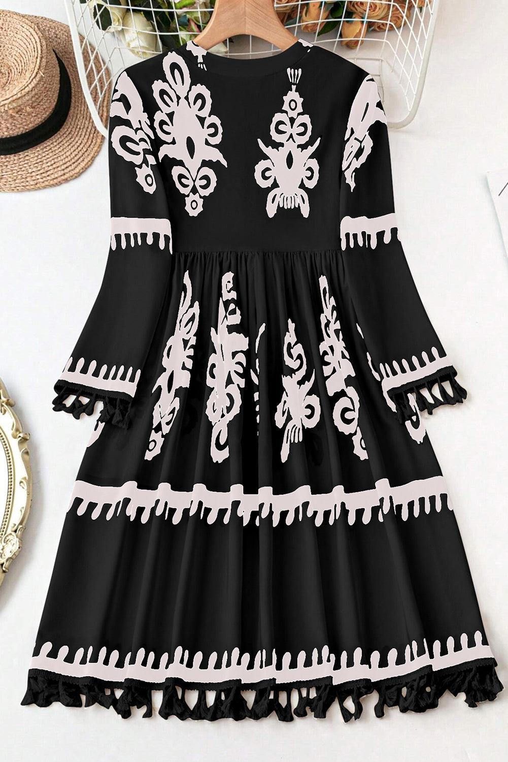 Black Plus Size Western Floral Print Fringed V Neck Dress Plus Size Mini Dresses JT's Designer Fashion