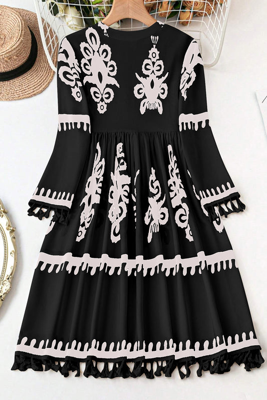 Black Plus Size Western Floral Print Fringed V Neck Dress Plus Size Mini Dresses JT's Designer Fashion