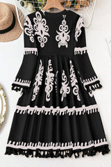 Black Plus Size Western Floral Print Fringed V Neck Dress Plus Size Mini Dresses JT's Designer Fashion