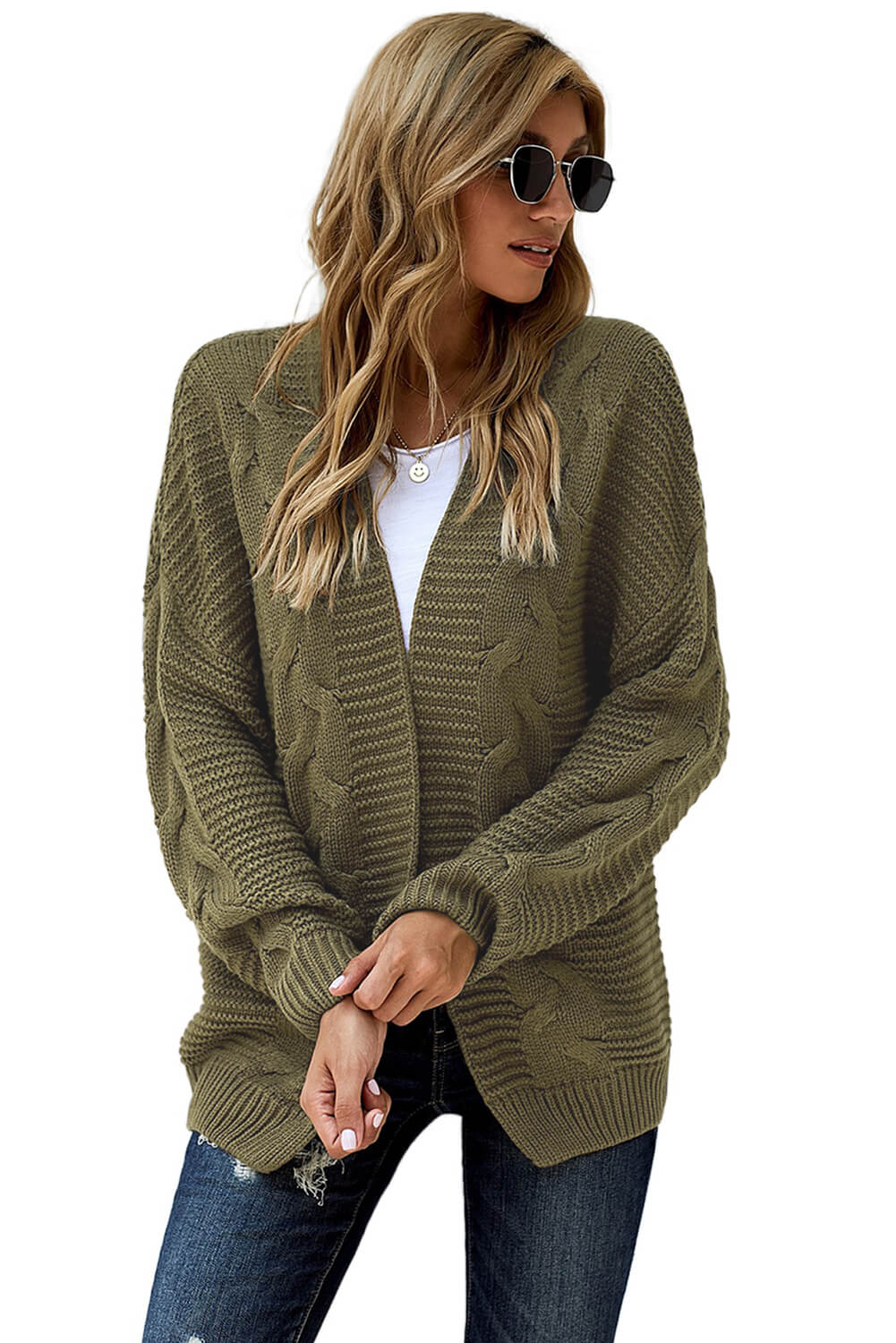Olive Chunky Wide Long Sleeve Knit Cardigan Sweaters & Cardigans JT's Designer Fashion