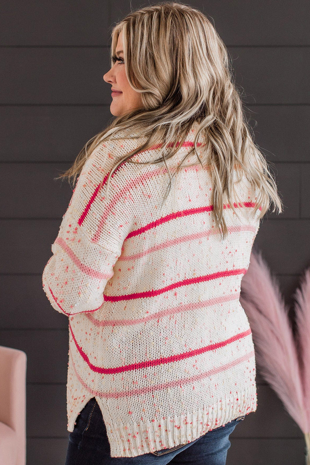 Pink Stripe Drop Shoulder Side Split Plus Size Sweater Plus Size Sweaters & Cardigans JT's Designer Fashion