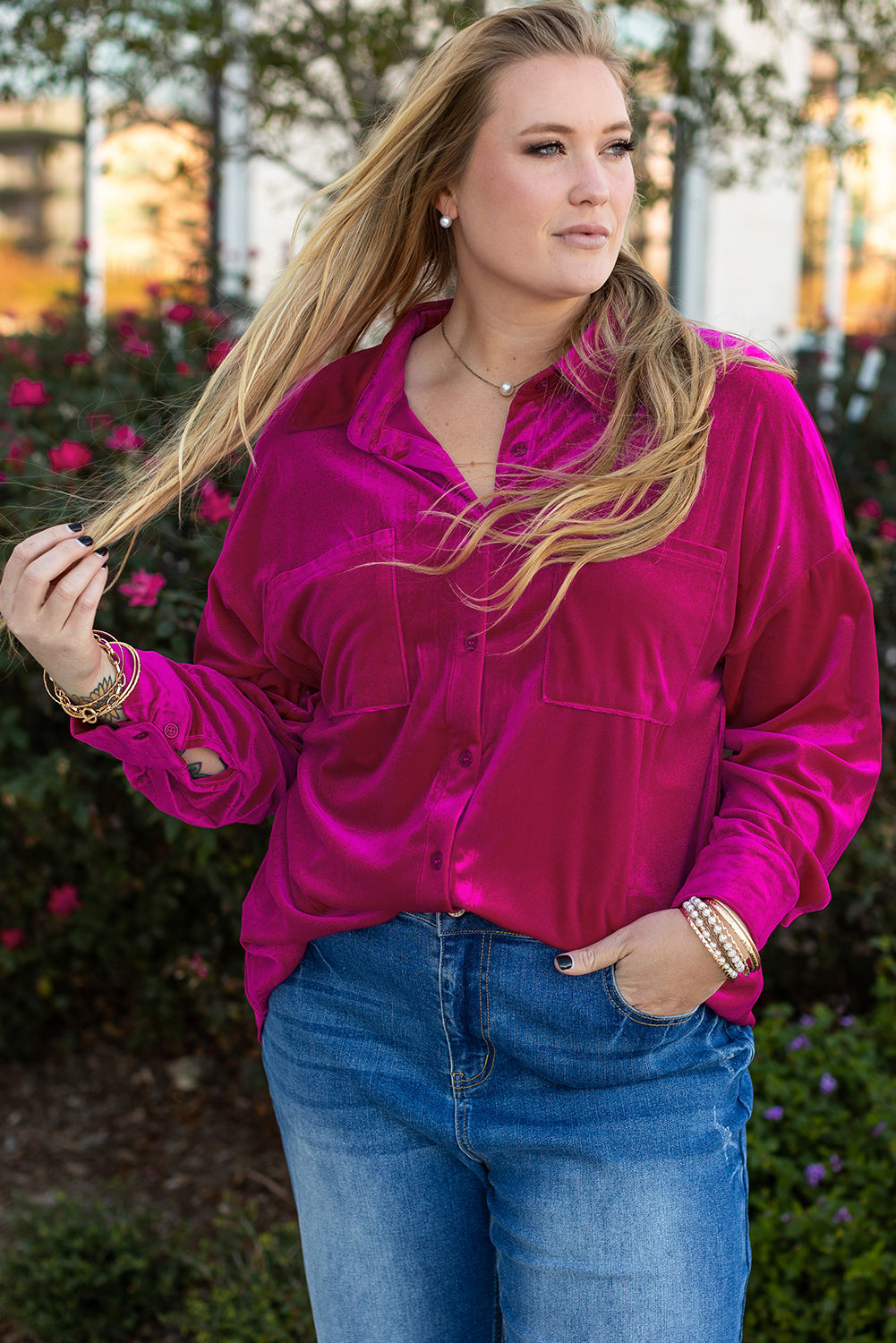 Bright Pink Plus Size Velvet Chest Pocket Drop Shoulder Shirt Bright Pink 95%Polyester+5%Elastane Plus Size Blouses & Shirts JT's Designer Fashion