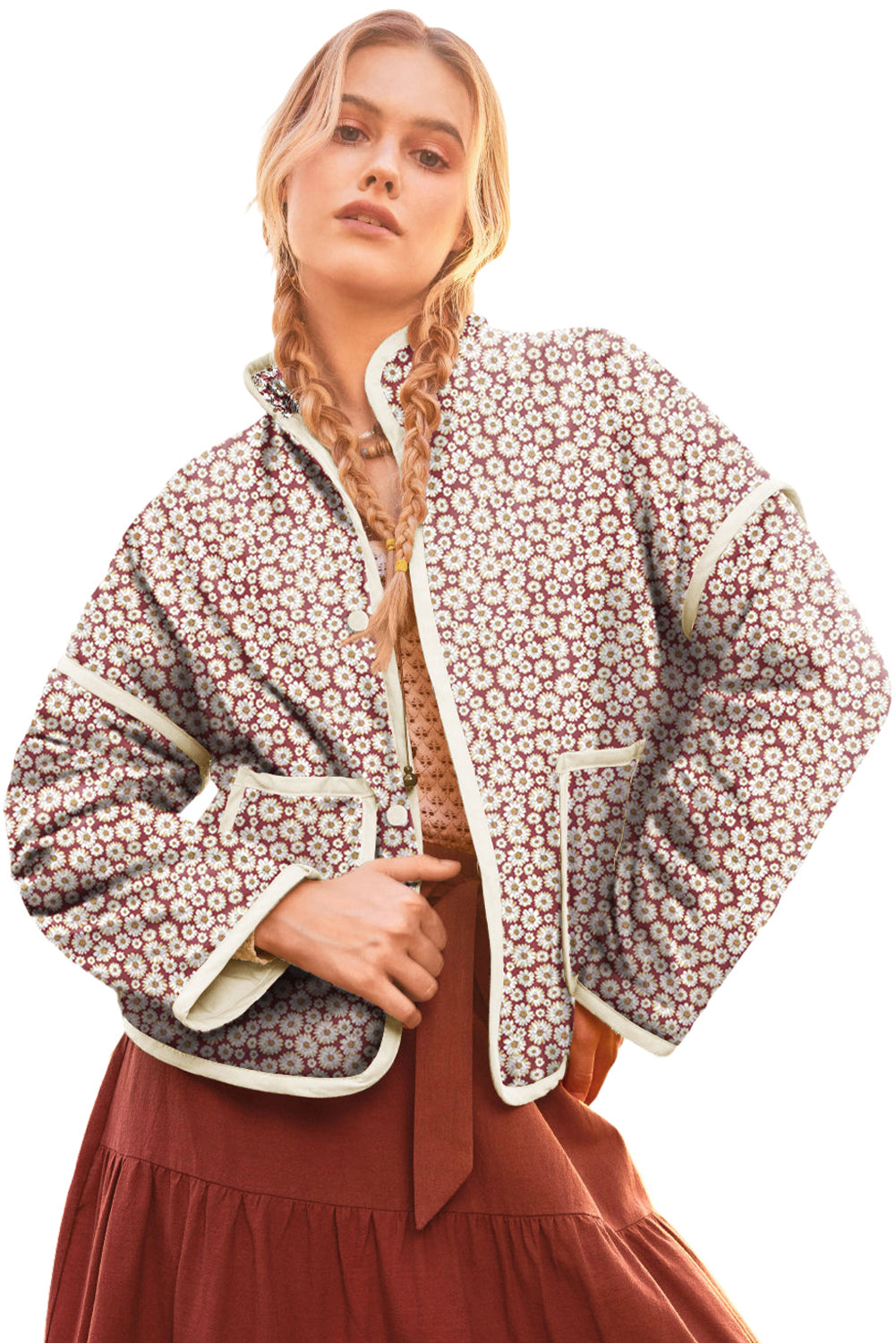 Pink Floral Print Contrast Edge Pocketed Stand Neck Jacket Jackets JT's Designer Fashion
