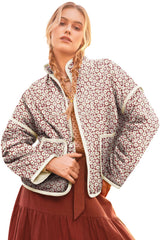 Pink Floral Print Contrast Edge Pocketed Stand Neck Jacket Jackets JT's Designer Fashion