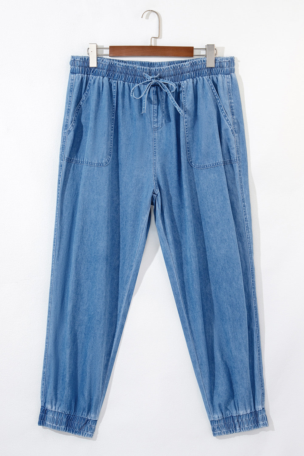 Dusk Blue Drawstring Waist Pocketed Plus Size Denim Joggers Plus Size Bottoms JT's Designer Fashion