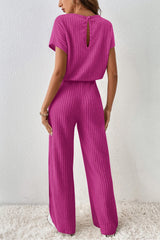 Rose Red Solid Color Ribbed Short Sleeve Wide Leg Jumpsuit Bottoms JT's Designer Fashion