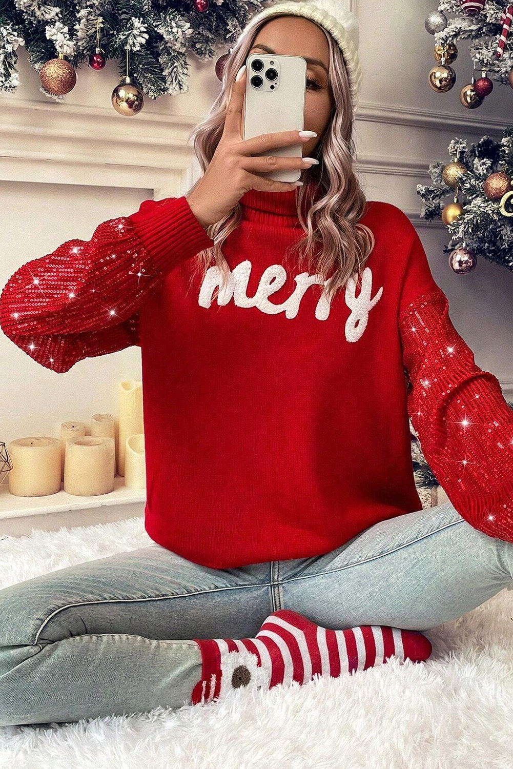Racing Red Merry Graphic Sequin Sleeves Christmas Turtleneck Sweater Sweaters JT's Designer Fashion
