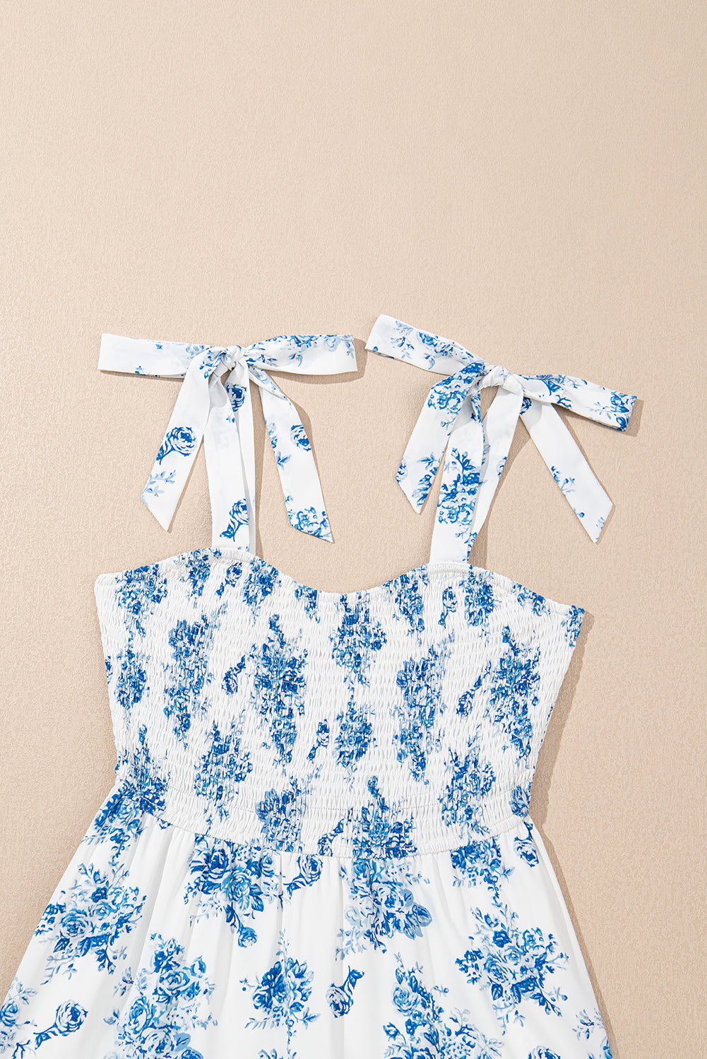 Sky Blue Floral Print Shirred Knot Shoulder Sleeveless Long Dress Floral Dresses JT's Designer Fashion
