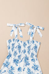 Sky Blue Floral Print Shirred Knot Shoulder Sleeveless Long Dress Floral Dresses JT's Designer Fashion
