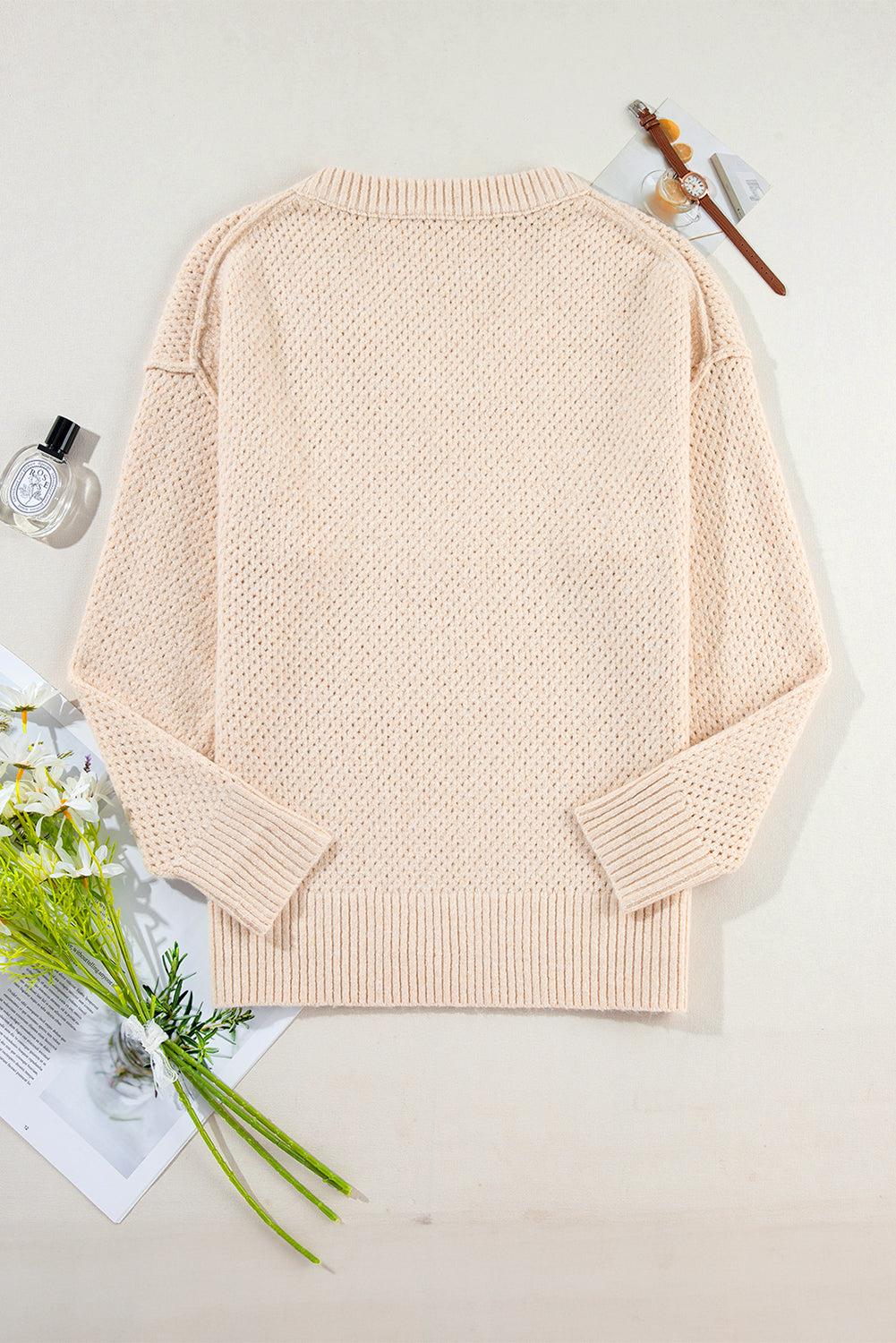 Parchment Loose Eyelet V Neck Drop Shoulder Sweater Sweaters JT's Designer Fashion