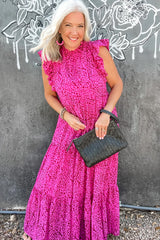 Rose Red Leopard Print Ruffled Trim Tiered Long Dress Maxi Dresses JT's Designer Fashion
