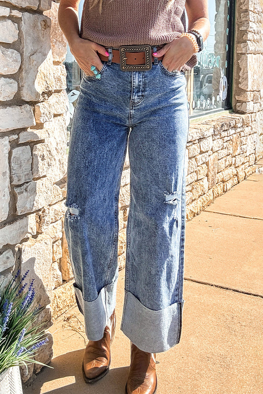 Ashleigh Blue Mineral Wash Bottom Cuff Distressed Wide Leg Jeans Ashleigh Blue 75%Cotton+23%Polyester+2%Elastane Jeans JT's Designer Fashion