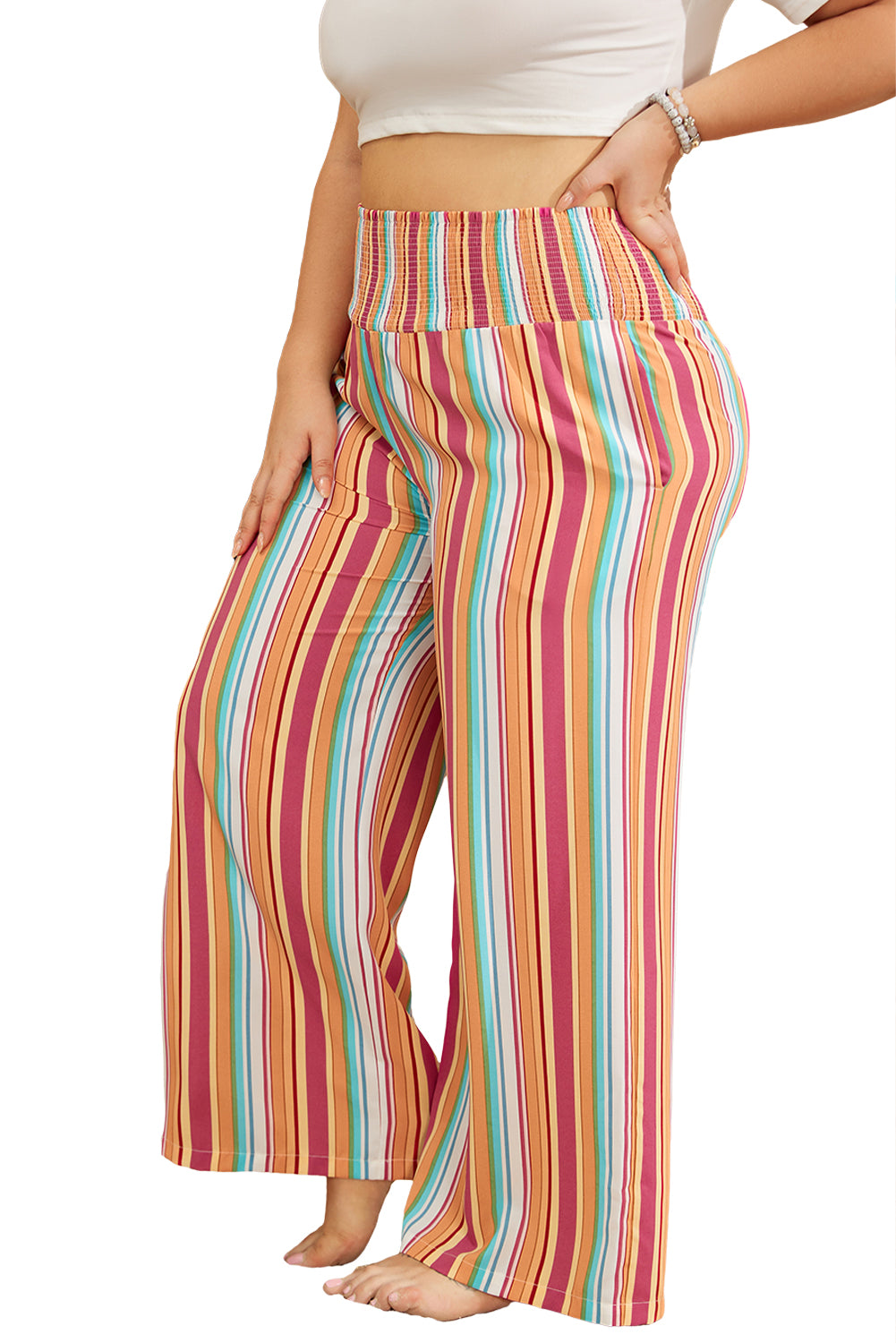Orange Stripe Plus Size Boho Smocked Waist Loose Pants Plus Size Bottoms JT's Designer Fashion