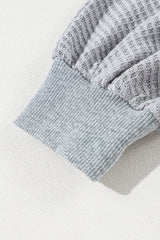 Light Grey Waffle Patchwork Long Sleeve Raw Hem Pullover Top Long Sleeve Tops JT's Designer Fashion
