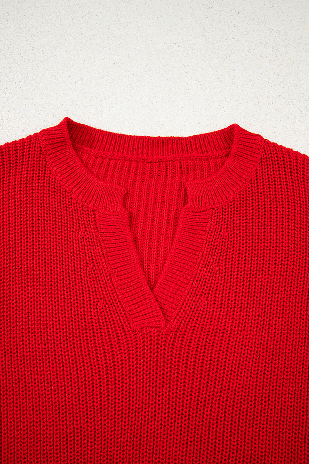 Racing Red Solid Textured Knit V Neck Drop Shoulder Sweater Sweaters JT's Designer Fashion