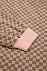 Brown Checkerboard Long Sleeve Pullover and Shorts Set Short Sets JT's Designer Fashion