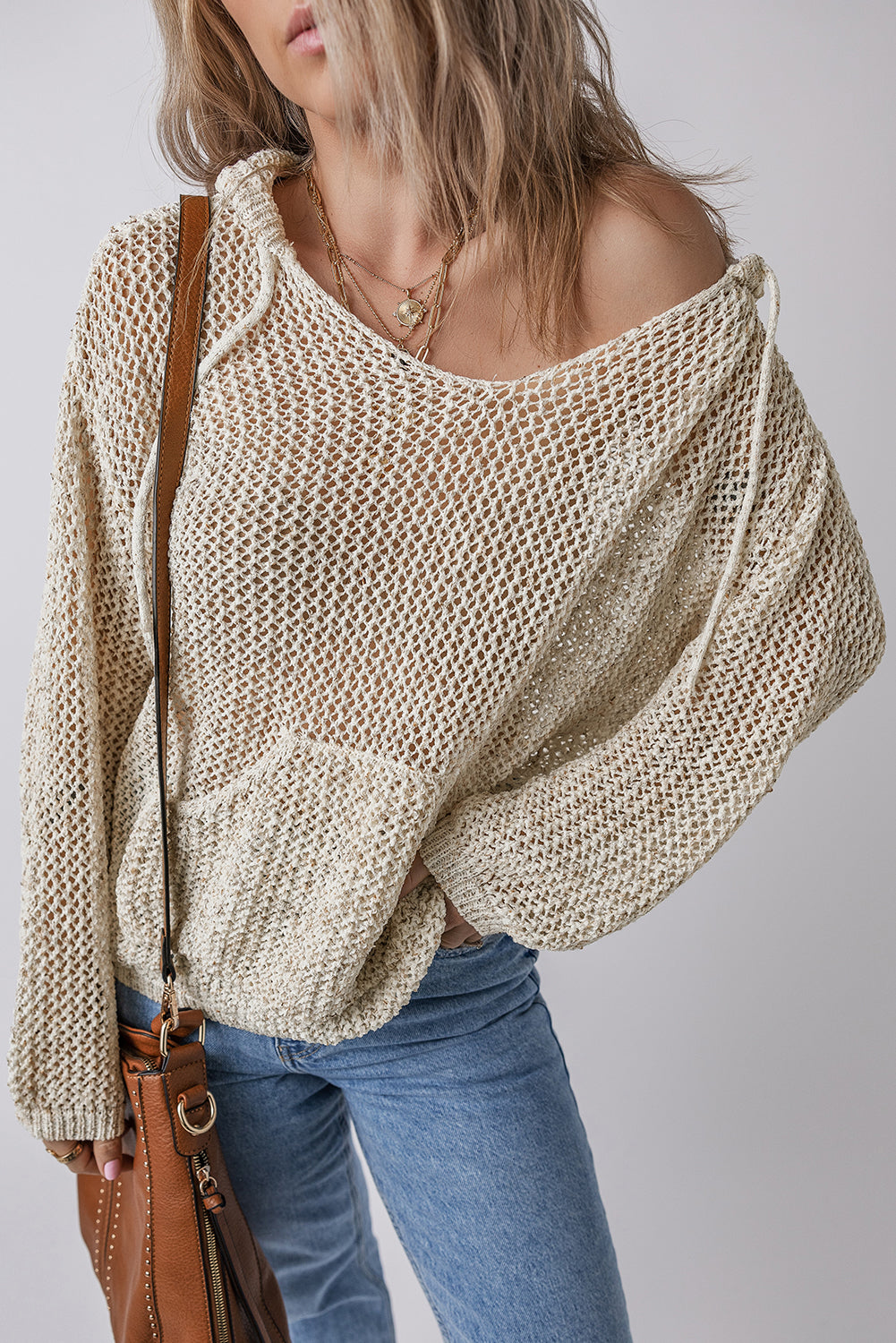 Jet Stream Hollow-out Kangaroo Pocket V Neck Hooded Sweater Jet Stream 50%Polyester+30%Polyamide+20%Acrylic Sweaters JT's Designer Fashion