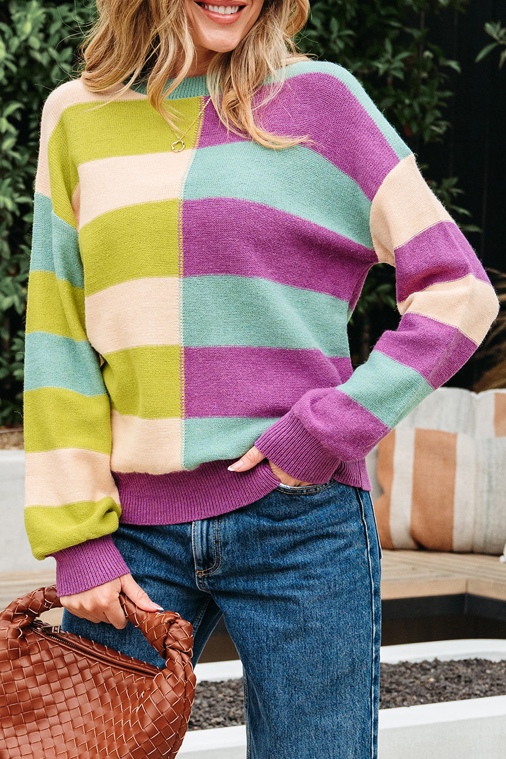 Green Stripe Drop Shoulder Ribbed Edge Casual Sweater Sweaters JT's Designer Fashion