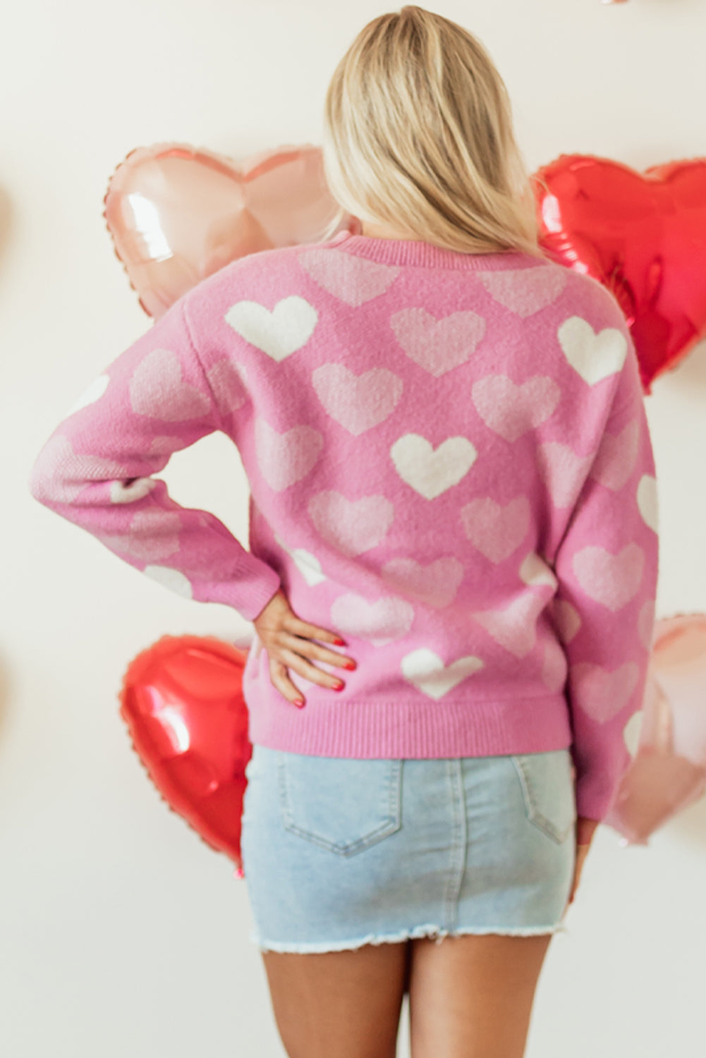 Pink Pearled Heart Print Valentines Crew Neck Sweater Sweaters JT's Designer Fashion