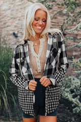 Black Double Plaid Patchwork Drawstring Hooded Shacket Plaid Shackets JT's Designer Fashion