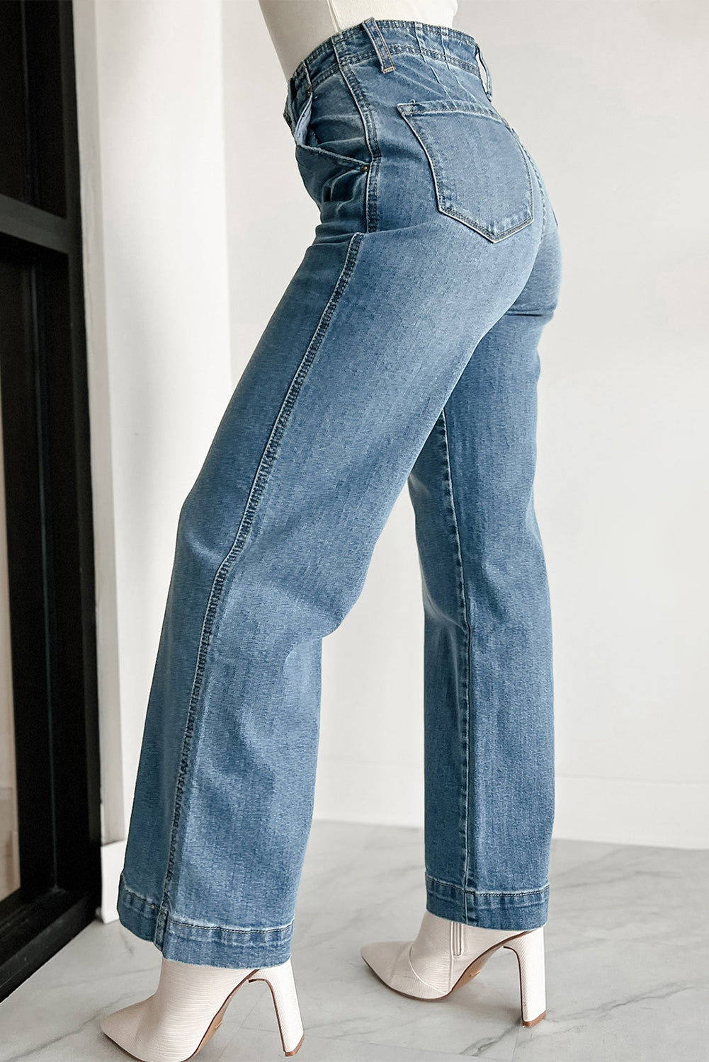 Dusk Blue Multi Buttons Medium Wash Straight Loose Leg Jeans Jeans JT's Designer Fashion