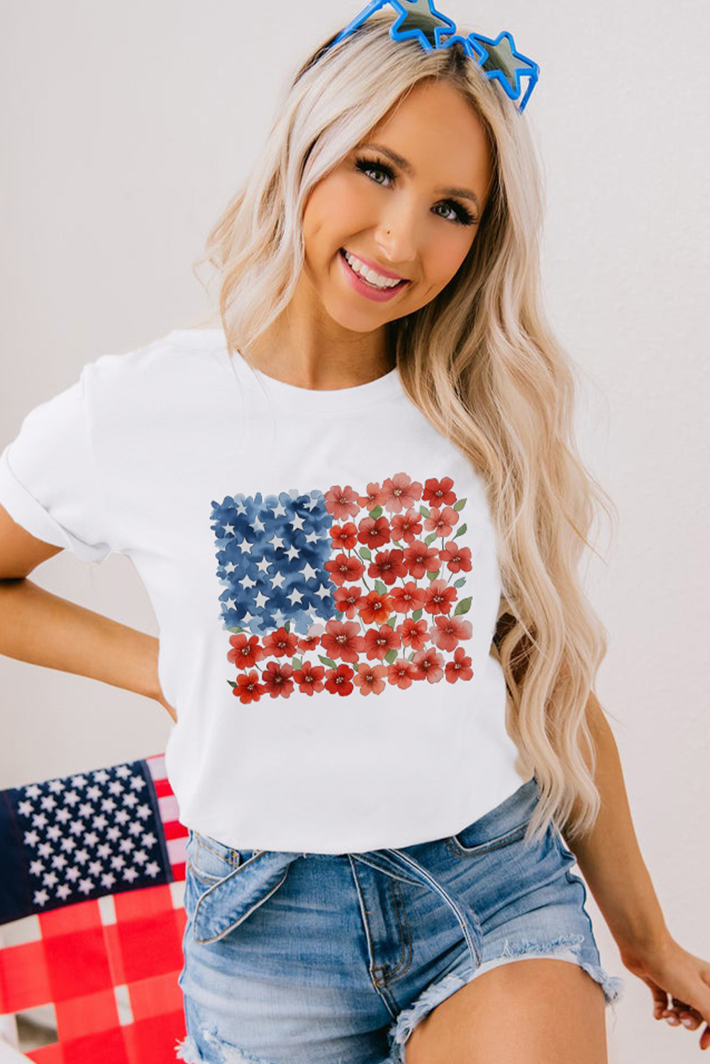 White Star Floral American Flag Printed T Shirt Graphic Tees JT's Designer Fashion