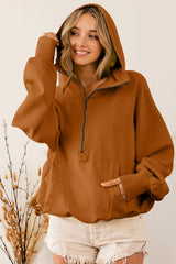 Brown Ribbed Trim Kangaroo Pocket Zipped Hoodie Sweatshirts & Hoodies JT's Designer Fashion