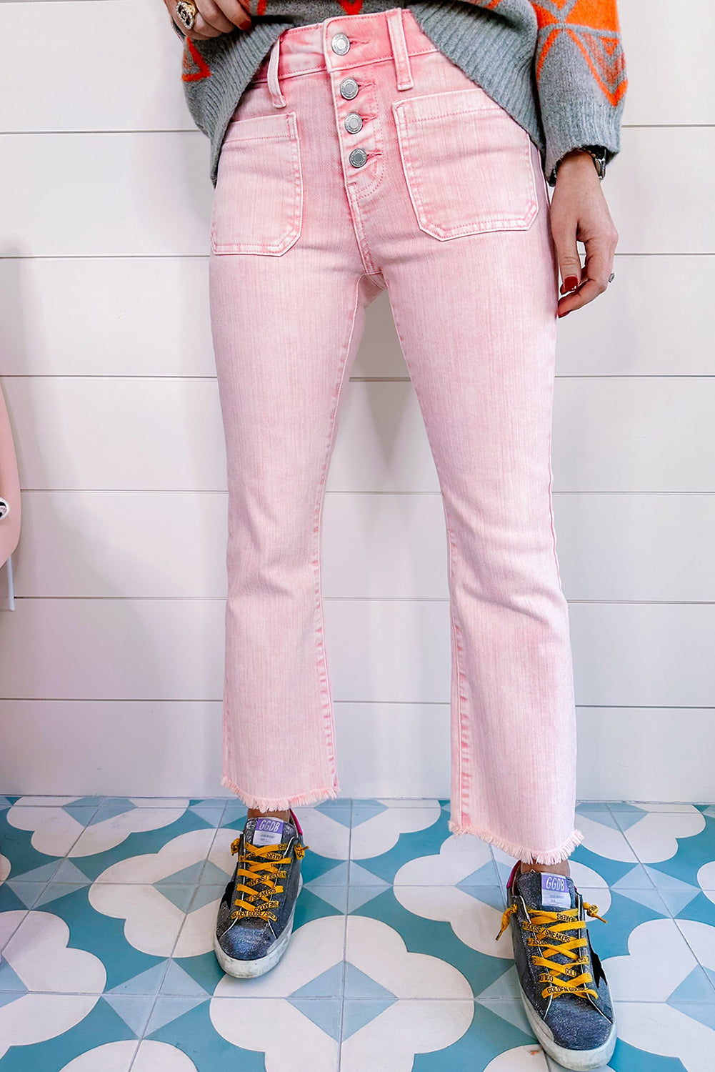 Apricot Pink Multi Buttons Raw Edge Crop Jeans Jeans JT's Designer Fashion